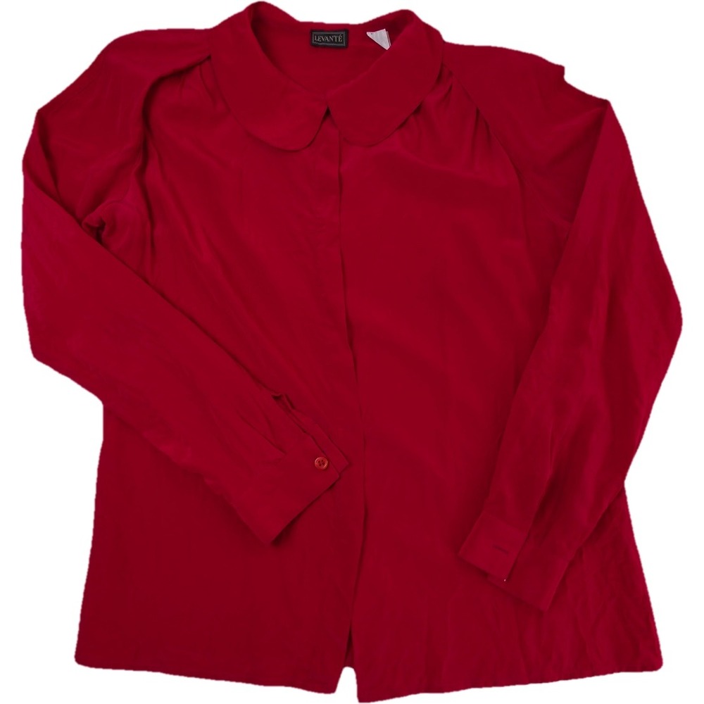 Levante 100% Silk Blouse Women 10 Red Peter Pan Collar Vintage Long Sleeve